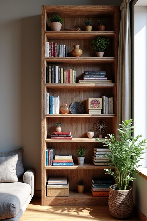 A tall bookshelf made from reclaimed pine.