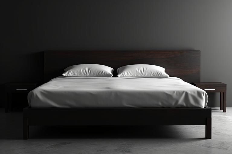 A minimalist bed frame in dark ebonized oak.